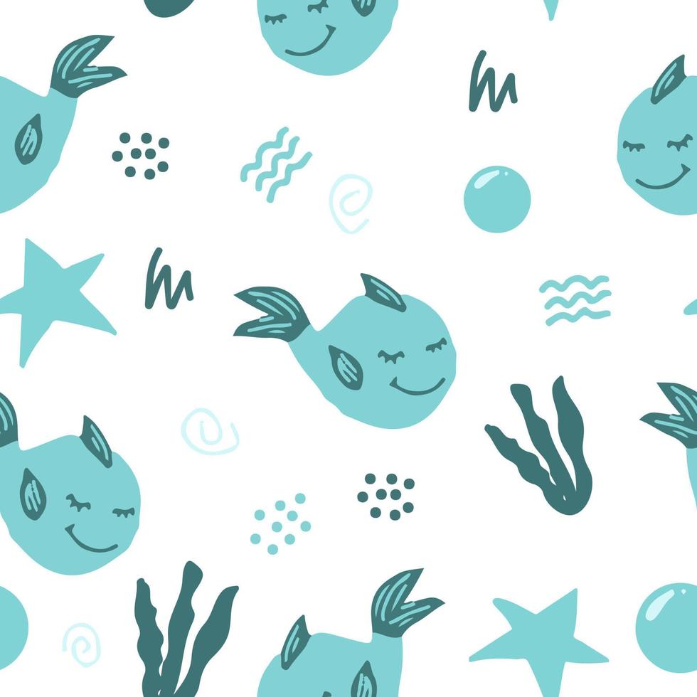 lindo pez ballena de patrones sin fisuras con algas, estrellas, garabatos. dibujado a mano. ilustración para papel pintado infantil, papel de regalo, textiles. azul verde. animal marino, mar vector