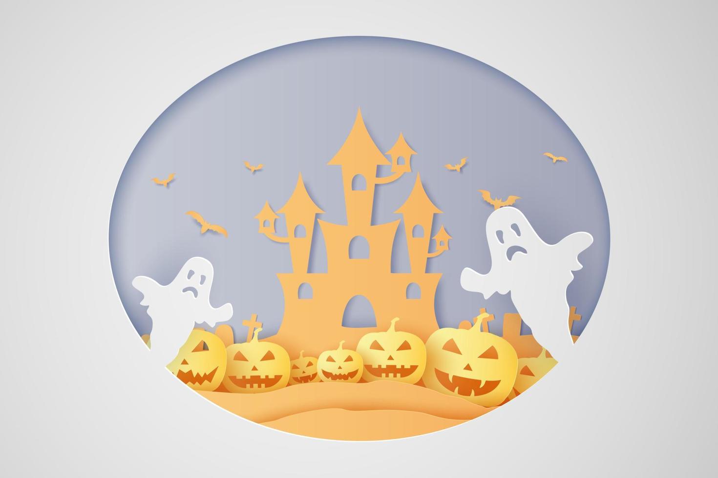 Halloween pumpkin, castle, ghost and graveyard, paper art style vector