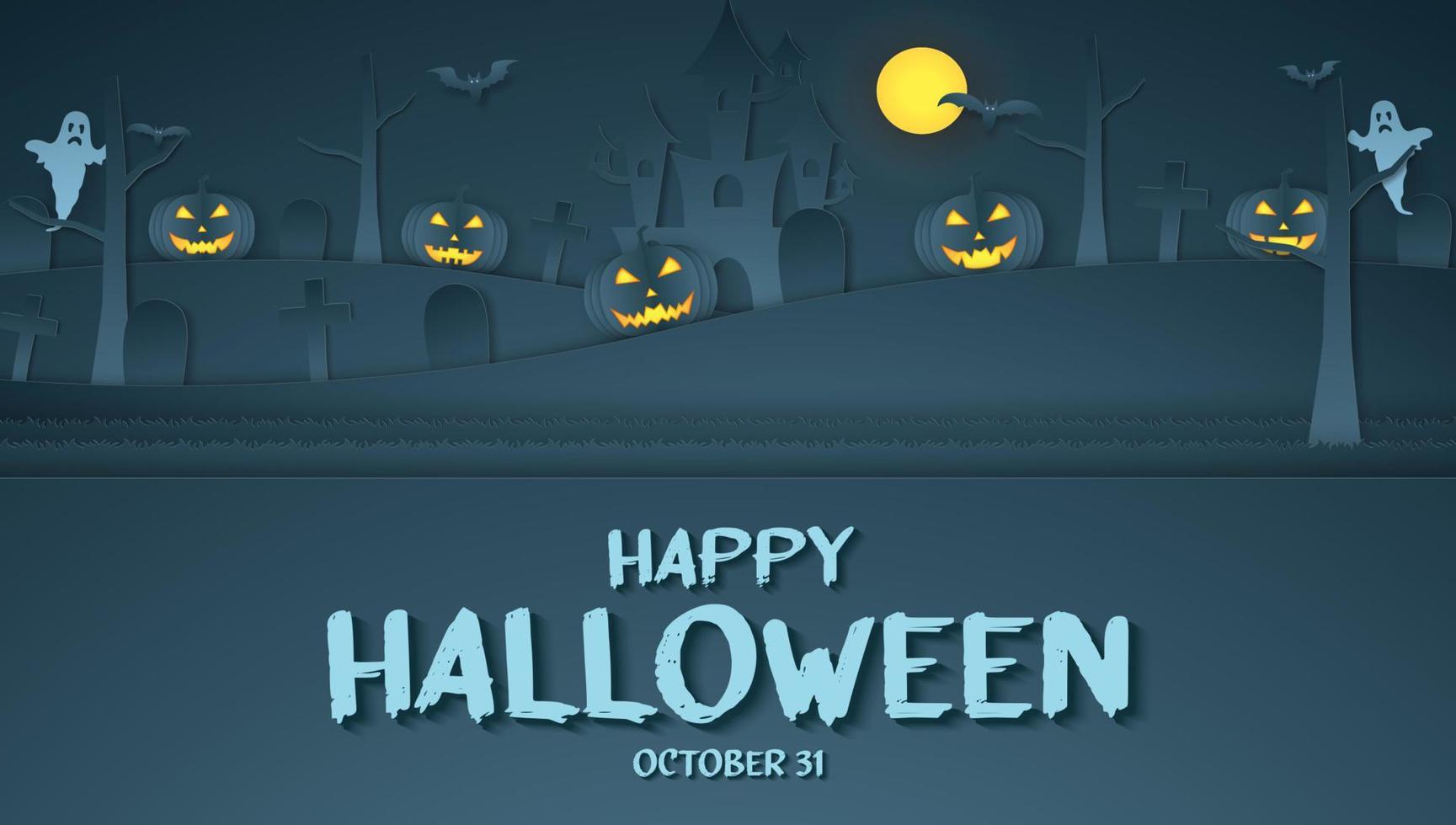 cabeza de calabaza de halloween castillo cementerio fantasma de murciélago y luna brillante con estilo de arte de papel de texto vector