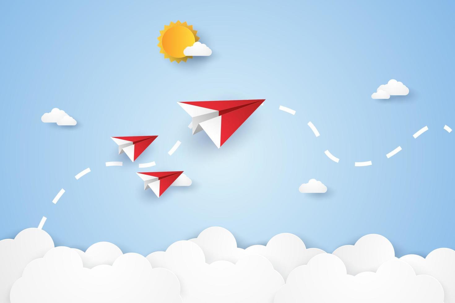 concepto de liderazgo y trabajo en equipo, aviones de origami volando en el cielo, estilo de arte en papel vector