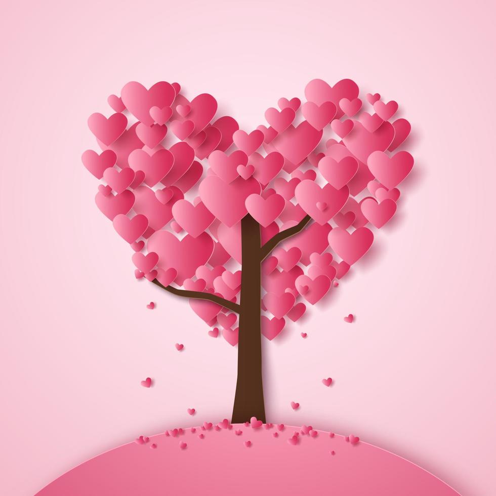 Valentines day, Illustration of love, pink heart falling down from tree , paper art style vector