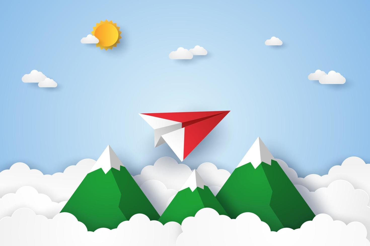 avión de origami volando en el cielo, montaña, estilo de arte de papel vector