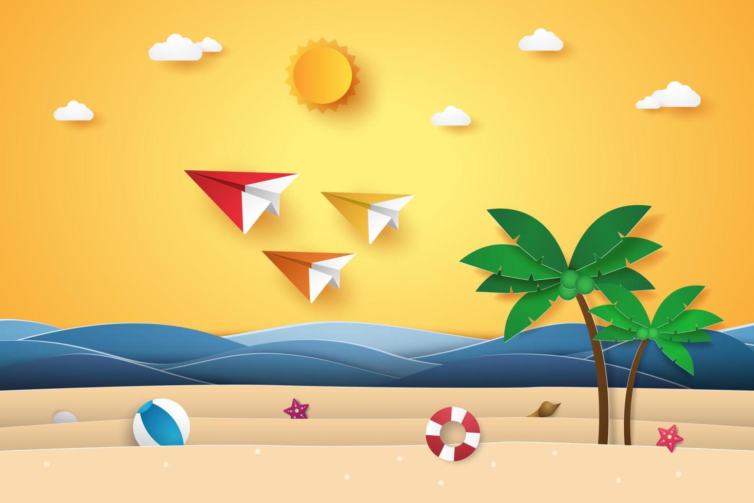 hora de verano, coloridos aviones de origami volando en el cielo con playa y cocotero, estilo de arte de papel vector