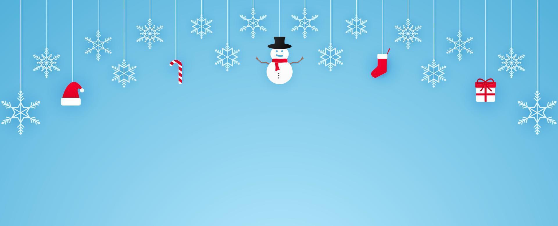 Merry Christmas, snowflakes and stuff hanging, banner background, copy space, paper art style vector