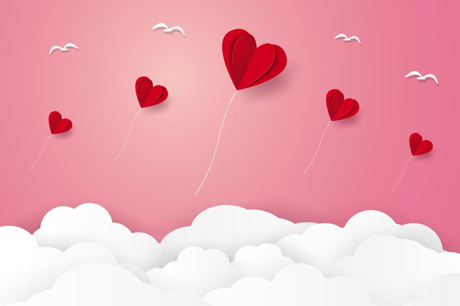 día de san valentín, globos de corazón rojo volando en el cielo, estilo de arte en papel vector