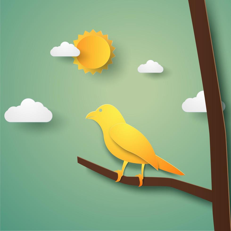 Bird on branch, paper art style vector