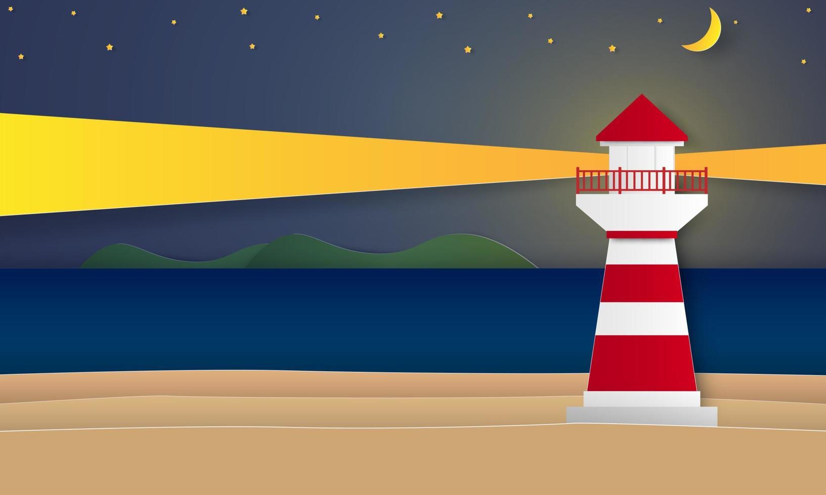 mar y playa con faro por la noche, estilo de arte en papel vector