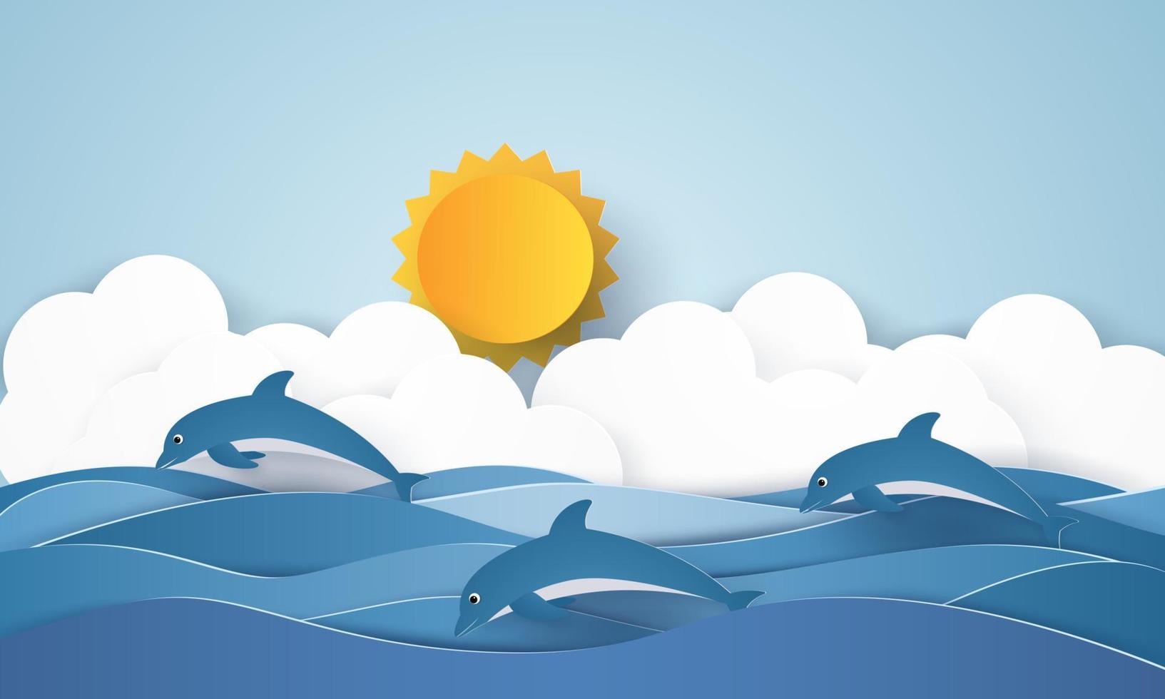 Jumping dolphin in sea waves, paper art style vector