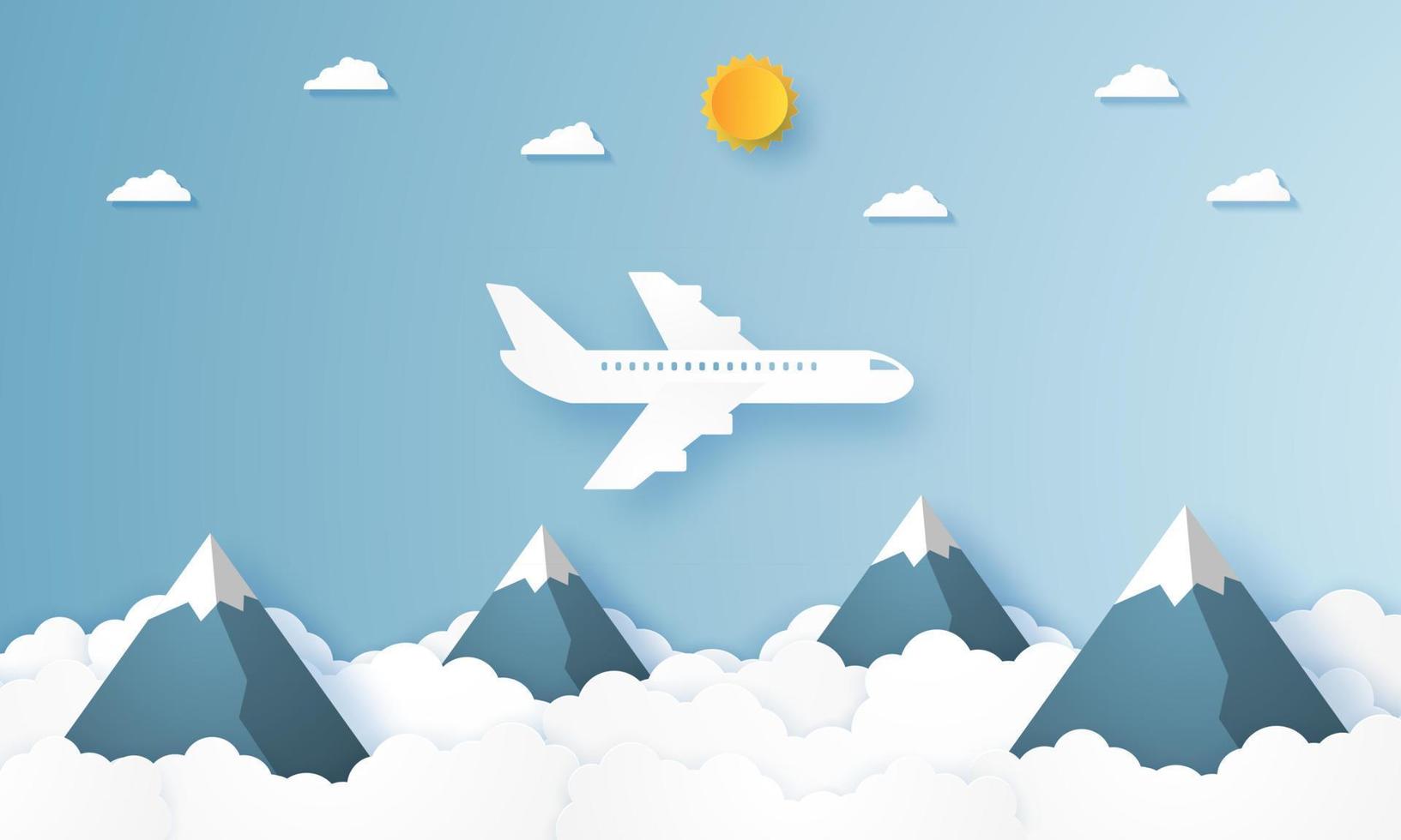 Airplane flying over mountains , paper art style vector