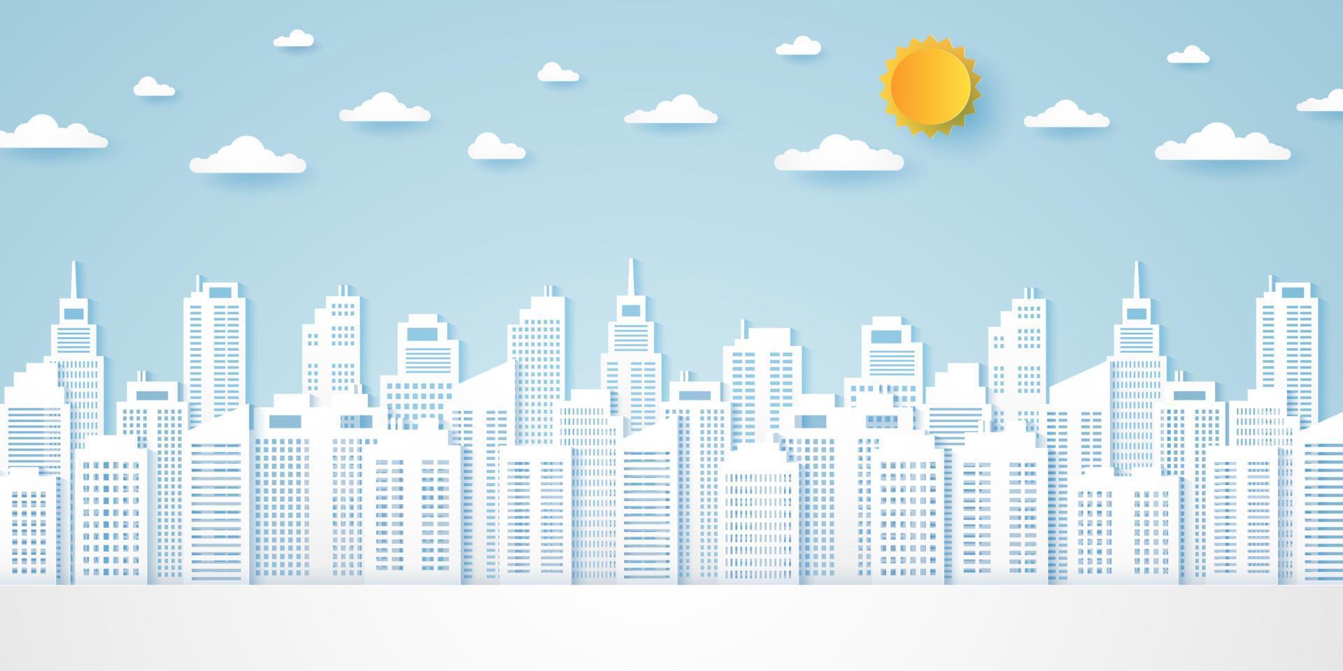 Cityscape, building with blue sky and a bright sun, paper art style vector