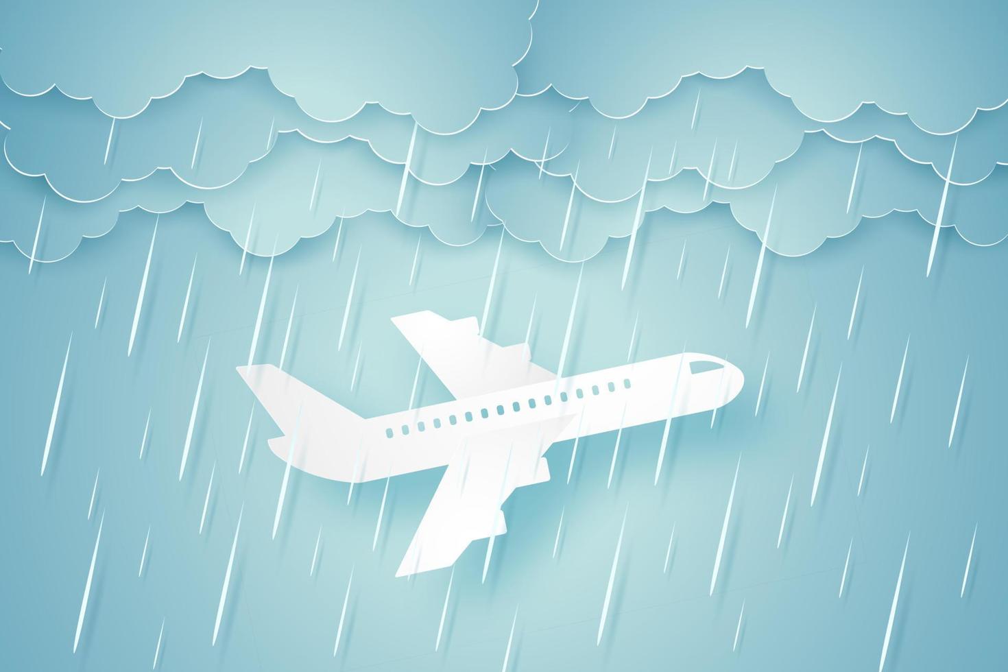 Airplane flying through a heavy rain, paper art style vector