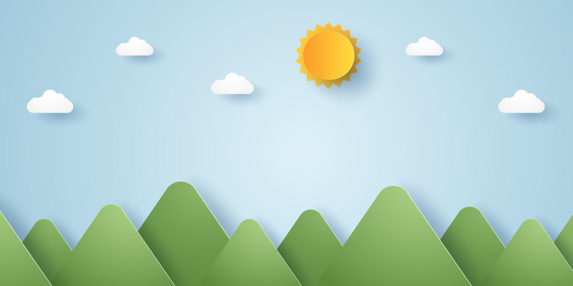 montaña natural con fondo de sol y cielo, estilo de arte en papel vector