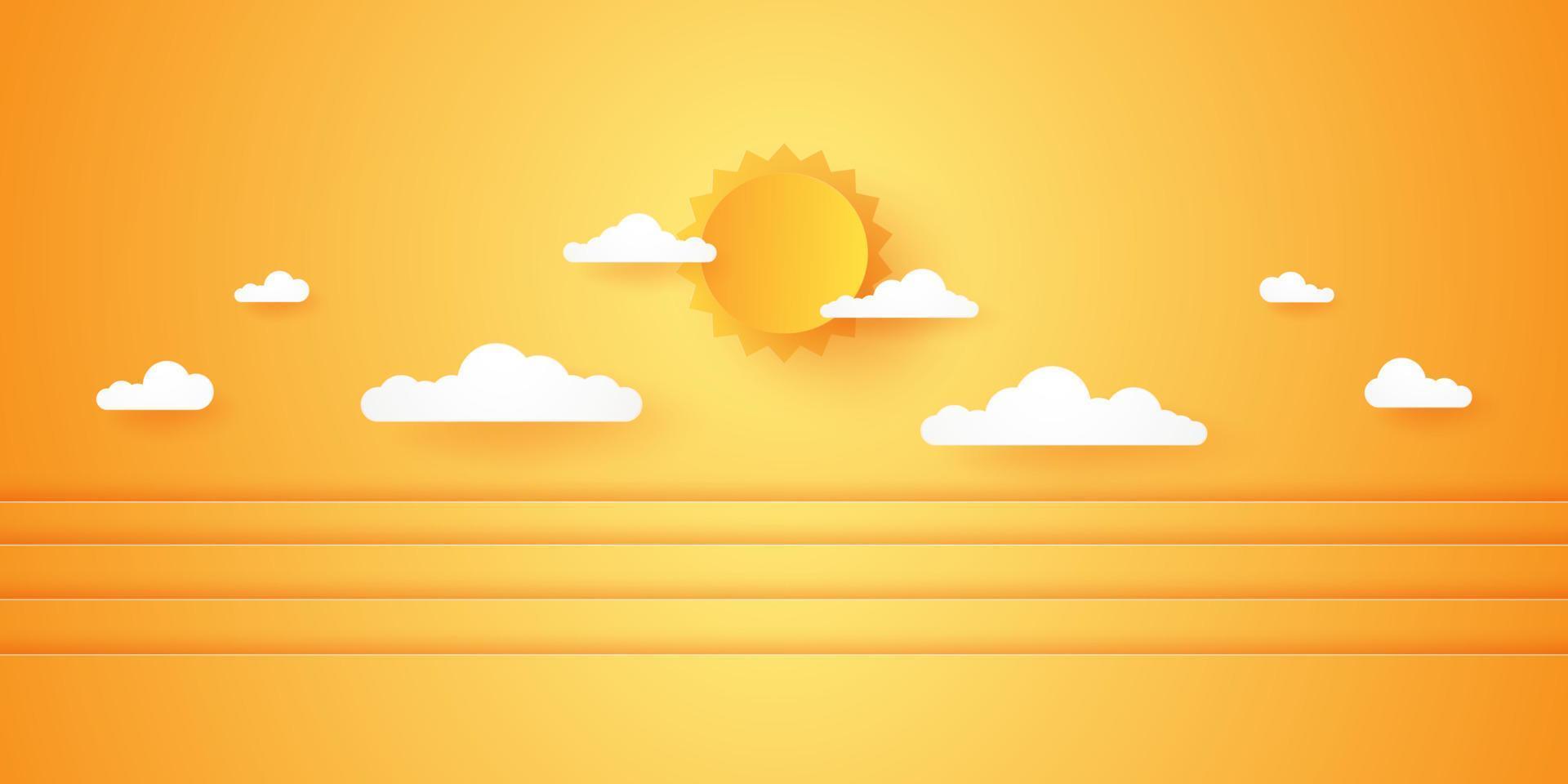 Summer Time, Cloudscape, cloudy sky with bright sun, paper art style vector