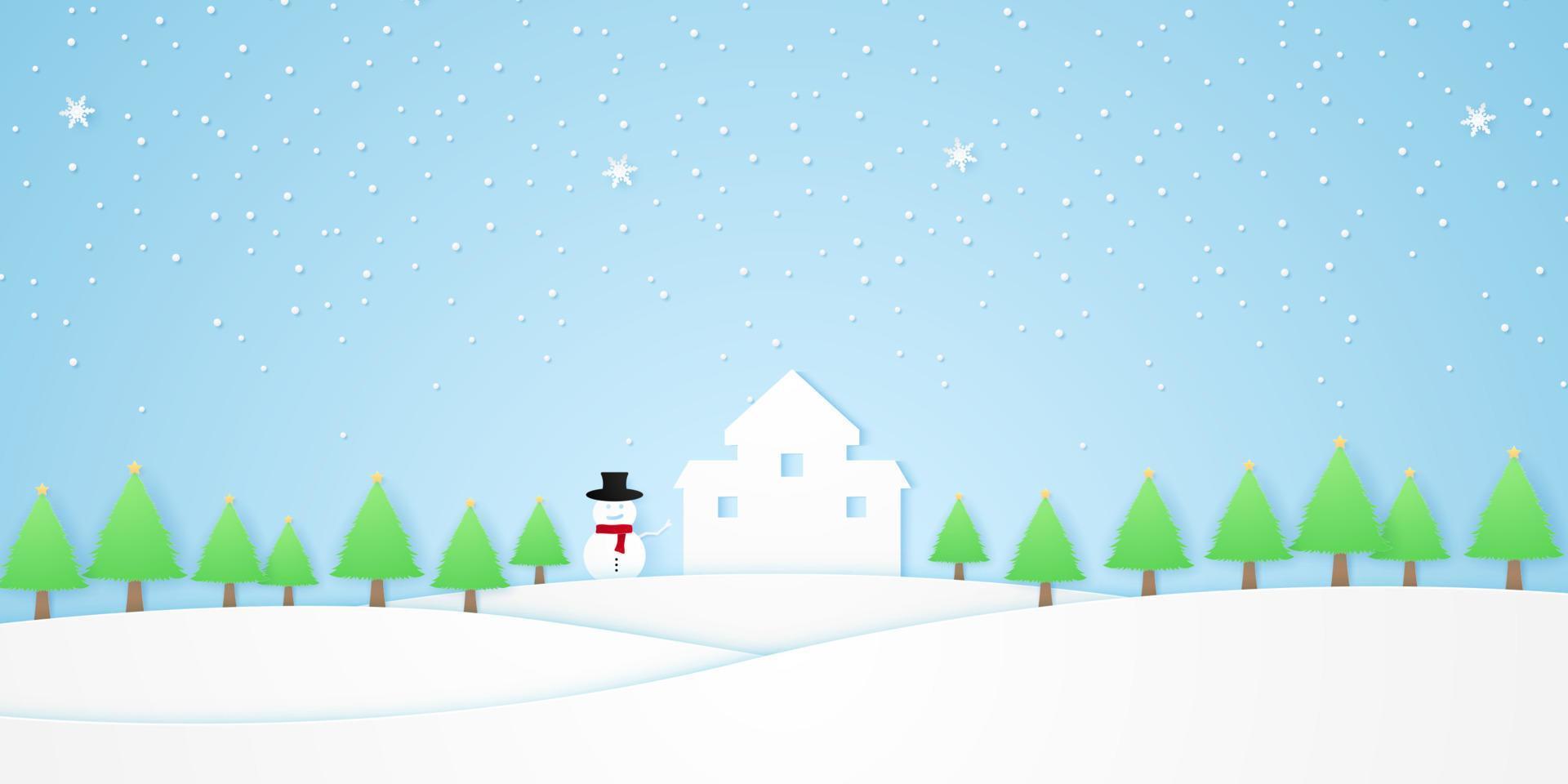 landscape, castle with snowman, trees with star and snow falling in winter season, white hill, paper art style vector