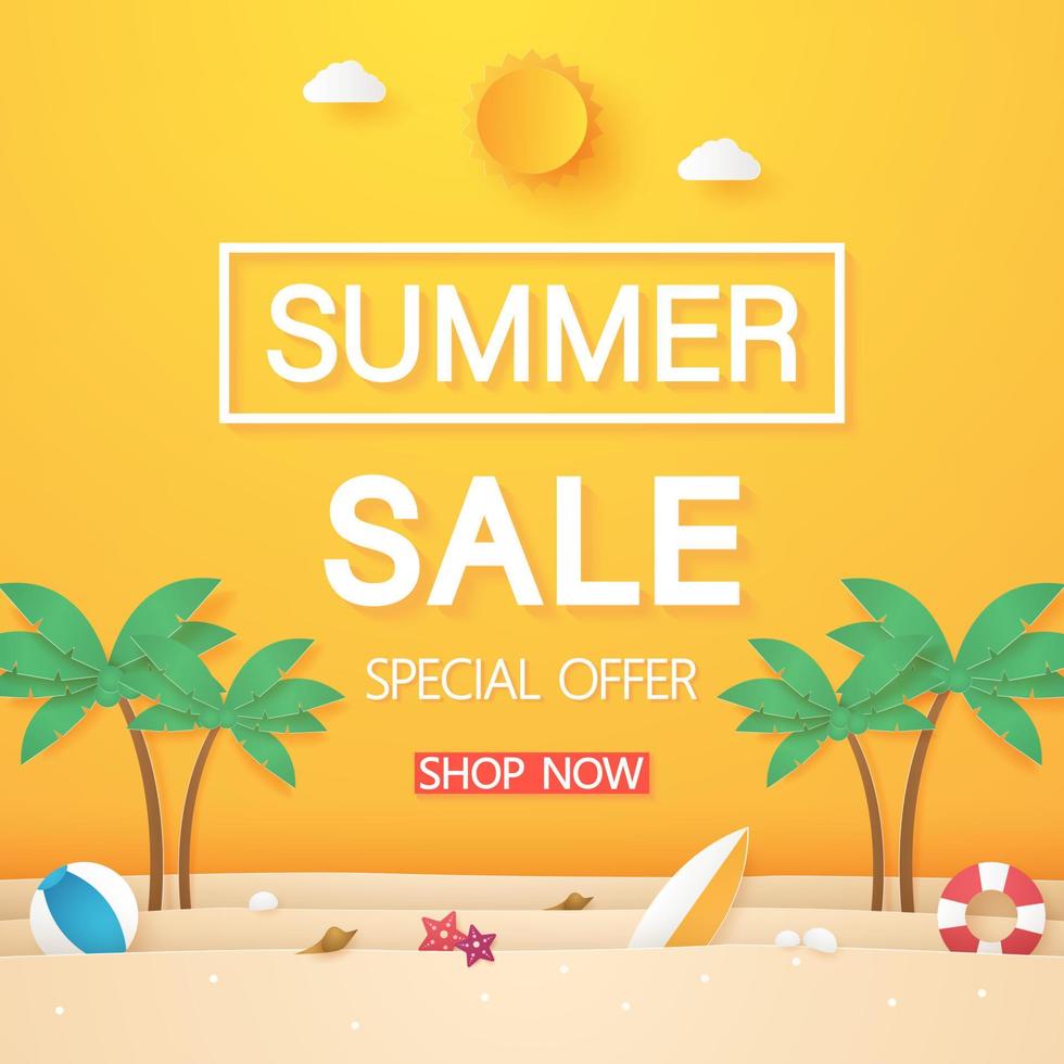 Summer sale , beach with coconut tree and stuff , paper art style vector