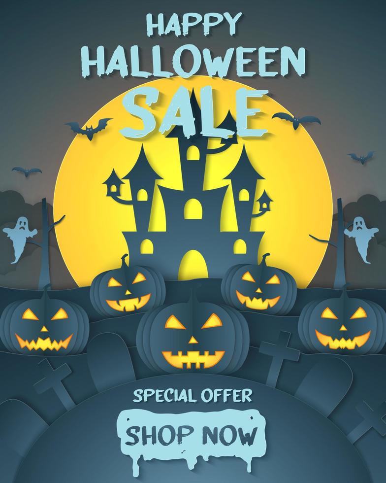 Halloween sale banner party invitation special offer dark pumpkin head on hill with graveyard vector