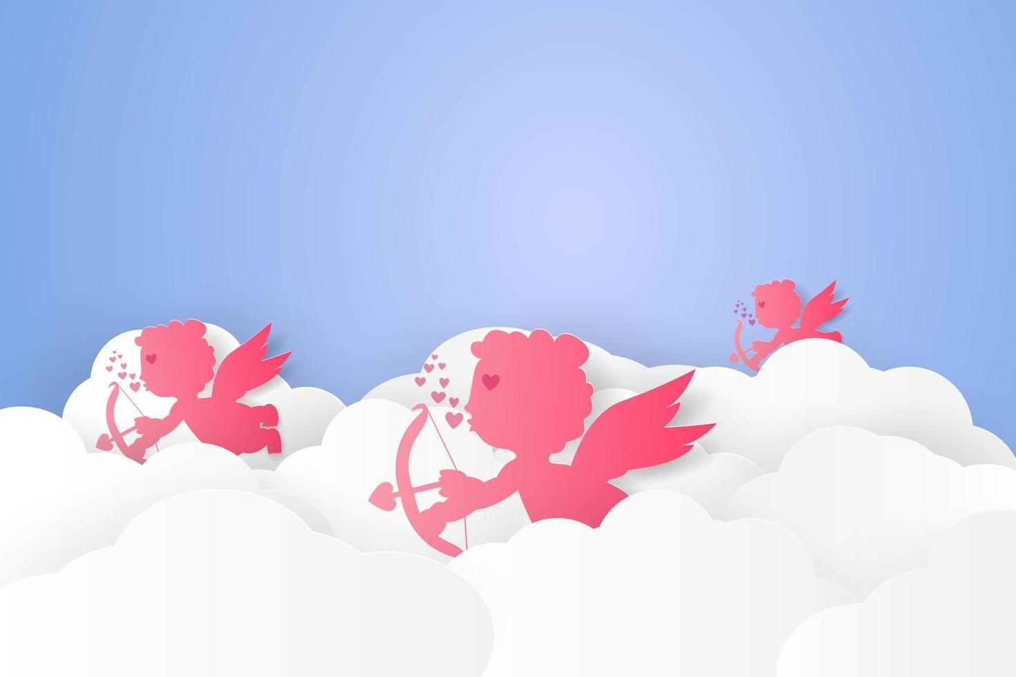 día de san valentín, cupido en el cielo, estilo de arte en papel vector