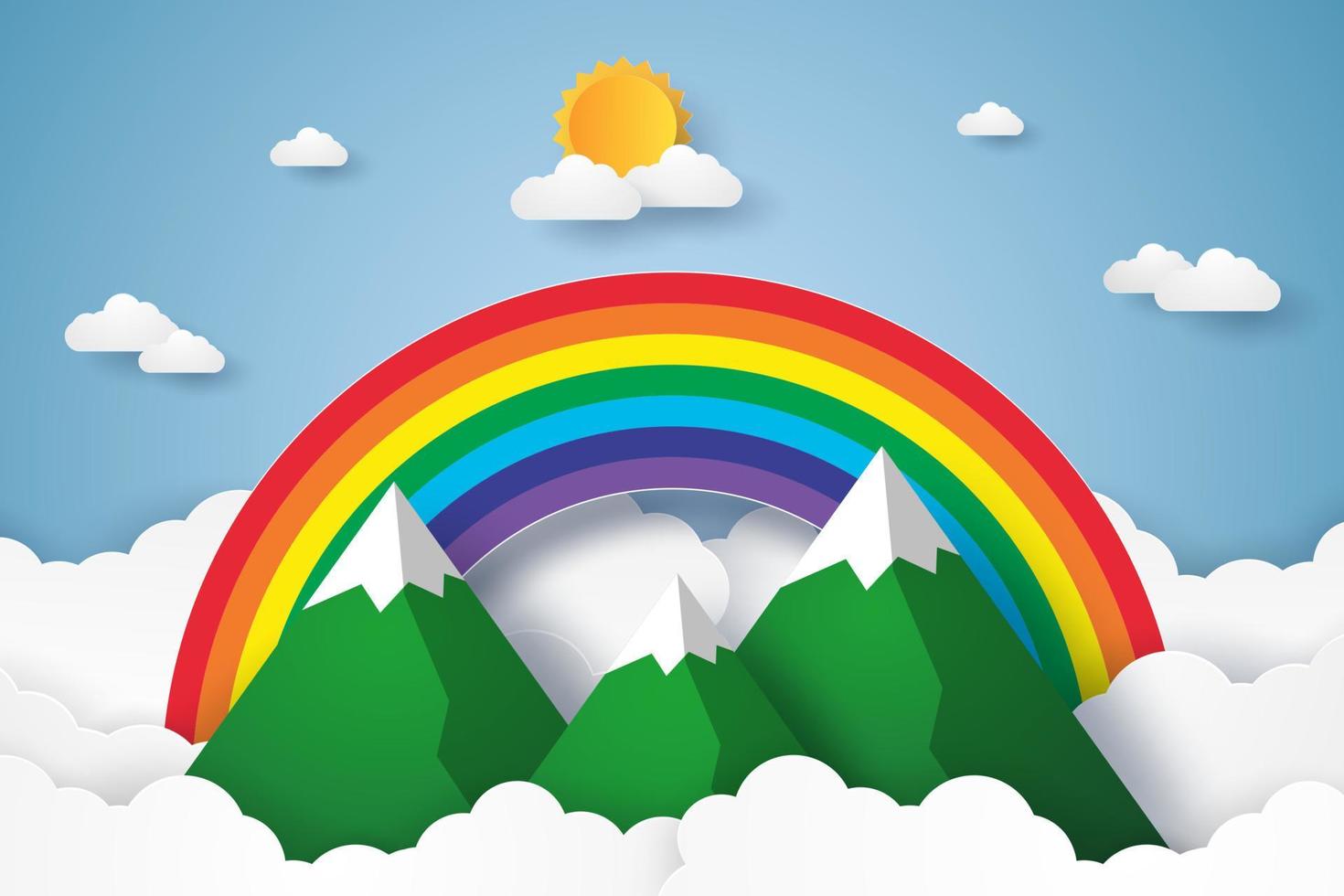 arco iris y montañas en el cielo azul con nubes, estilo de arte de papel vector