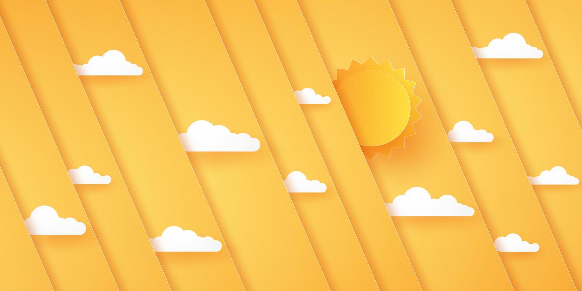 fondo de superposición diagonal naranja brillante abstracto con sol y nube, estilo de arte de papel vector