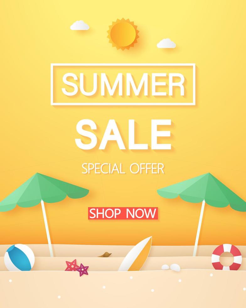 Summer sale , beach with coconut tree and stuff , paper art style vector