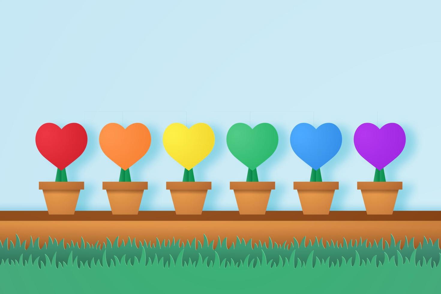Colorful heart in flower pot with grass , paper art style vector