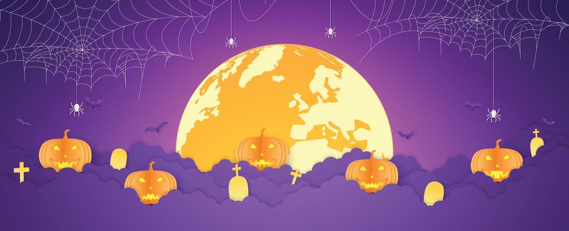 Halloween orange pumpkin head and graveyard on cloud with full moon spider web with spider hanging vector