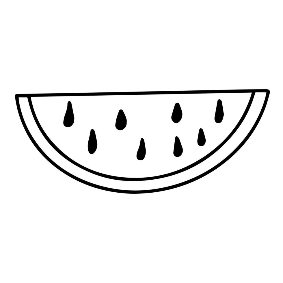 Doodle watermelon. Hand drawing line. Black and white image isolated on a white background. Summer fruits and berries. A slice of watermelon with seeds. Vector