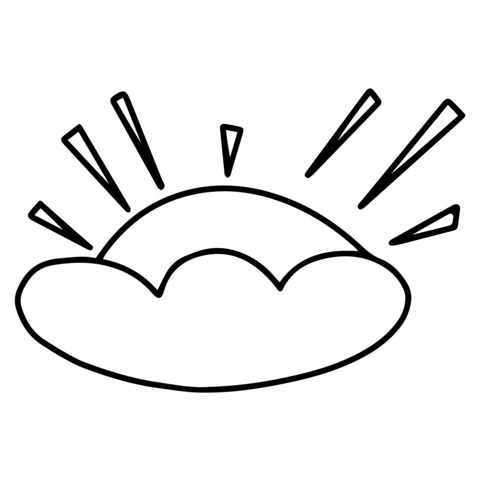 el sol se esconde detrás de una nube. esquema de dibujo de los niños. imagen de contorno en blanco y negro. colorante. el sol con rayos. dibujo aislado sobre un fondo blanco. vector