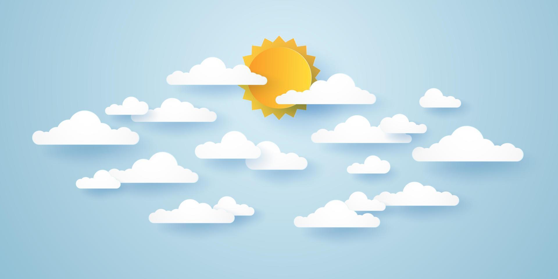 Cloudscape, blue sky with clouds and sun, paper art style vector