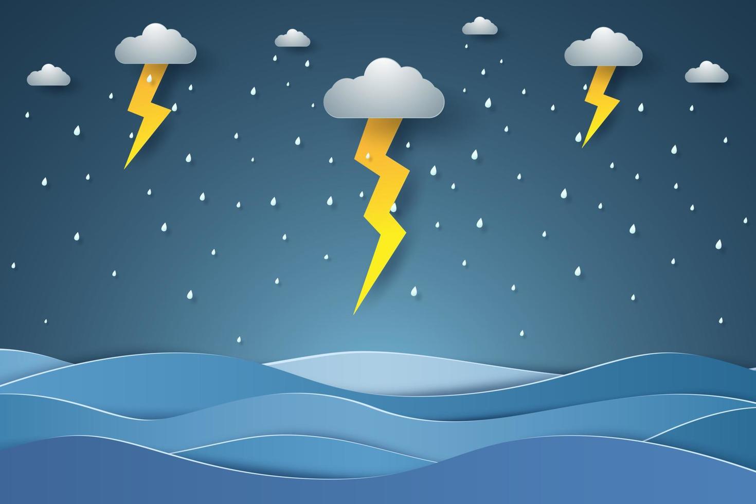 Seascape , Rain in sea with lightning , paper art style vector