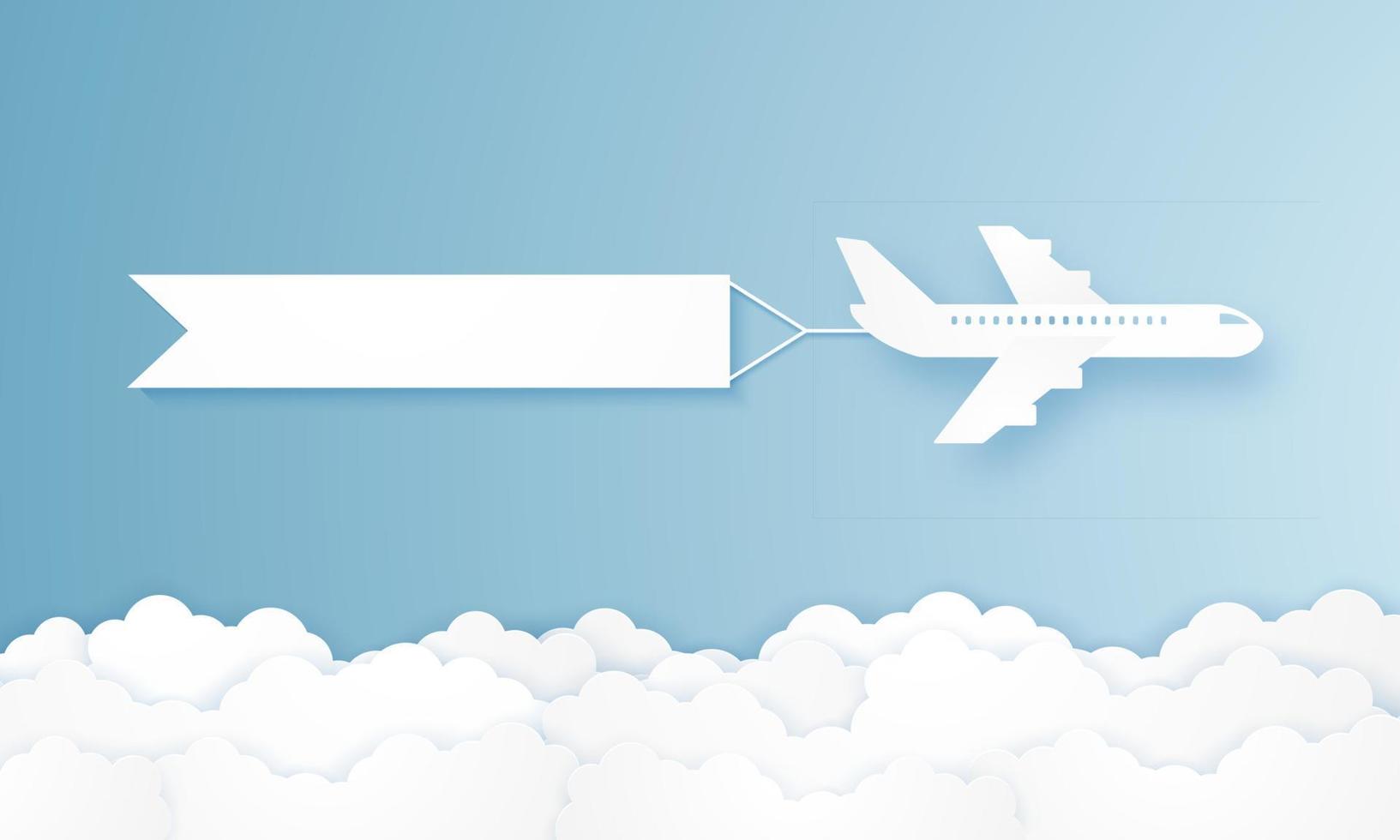 Flying airplane pulling advertising banner, paper art style vector