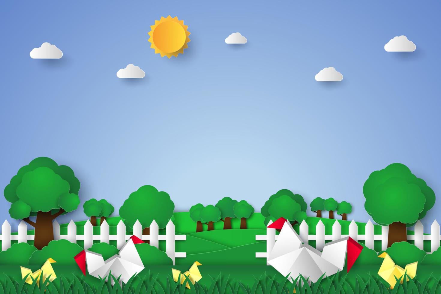 Spring Time, landscape, origami chicken and chicks in the garden with trees, plant pots, beautiful flowers on grass and fence, bird on the branch, paper art style vector