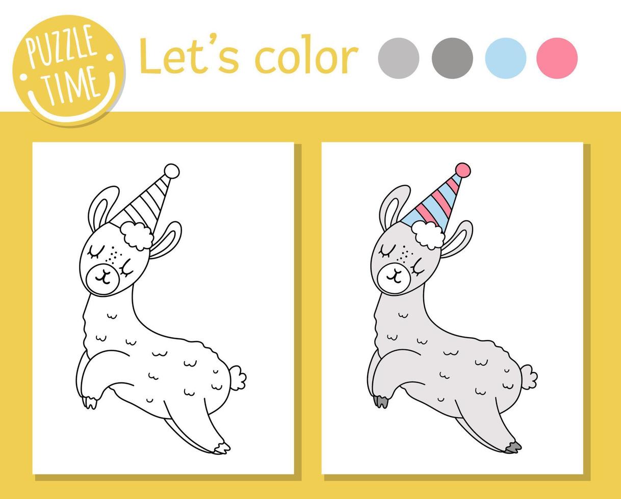 Birthday coloring page for children. Funny llama in party hat. Vector holiday outline illustration with cute animal. Party color book for kids with colored example