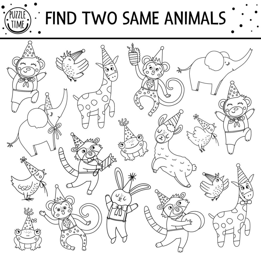 encontrar dos animales iguales. actividad de emparejamiento en blanco y negro de vacaciones para niños. esquema educativo divertido hoja de trabajo de prueba lógica de cumpleaños para niños. juego de línea de celebración imprimible simple vector