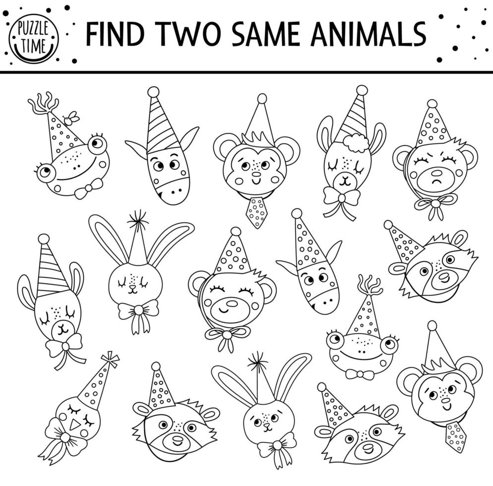 encontrar dos animales iguales. actividad de emparejamiento en blanco y negro de vacaciones para niños. esquema divertido hoja de trabajo de línea lógica de cumpleaños educativo para niños. juego de celebración imprimible simple vector