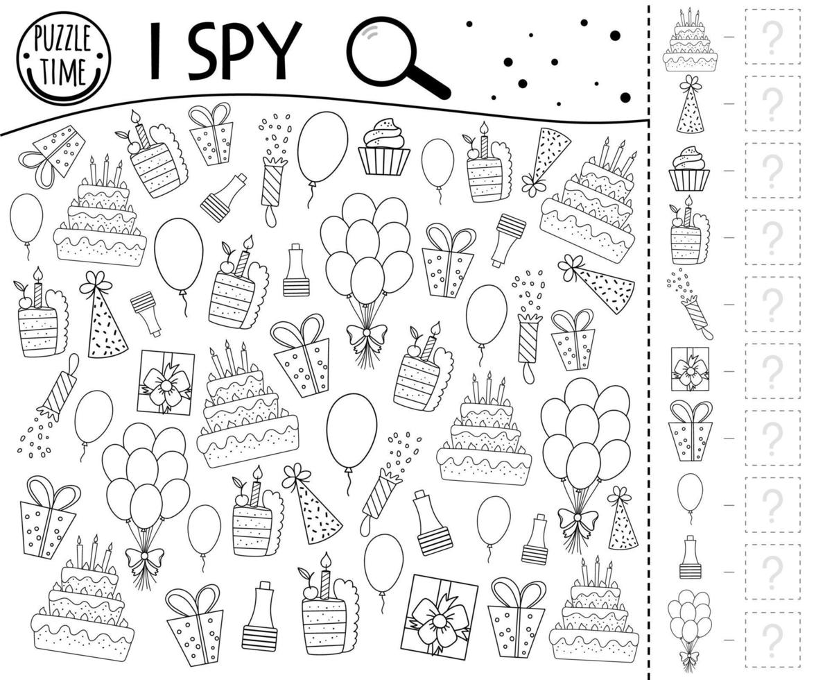 Birthday I spy game for kids. Searching and counting black and white activity for preschool children with traditional holiday objects. Funny party line printable worksheet vector