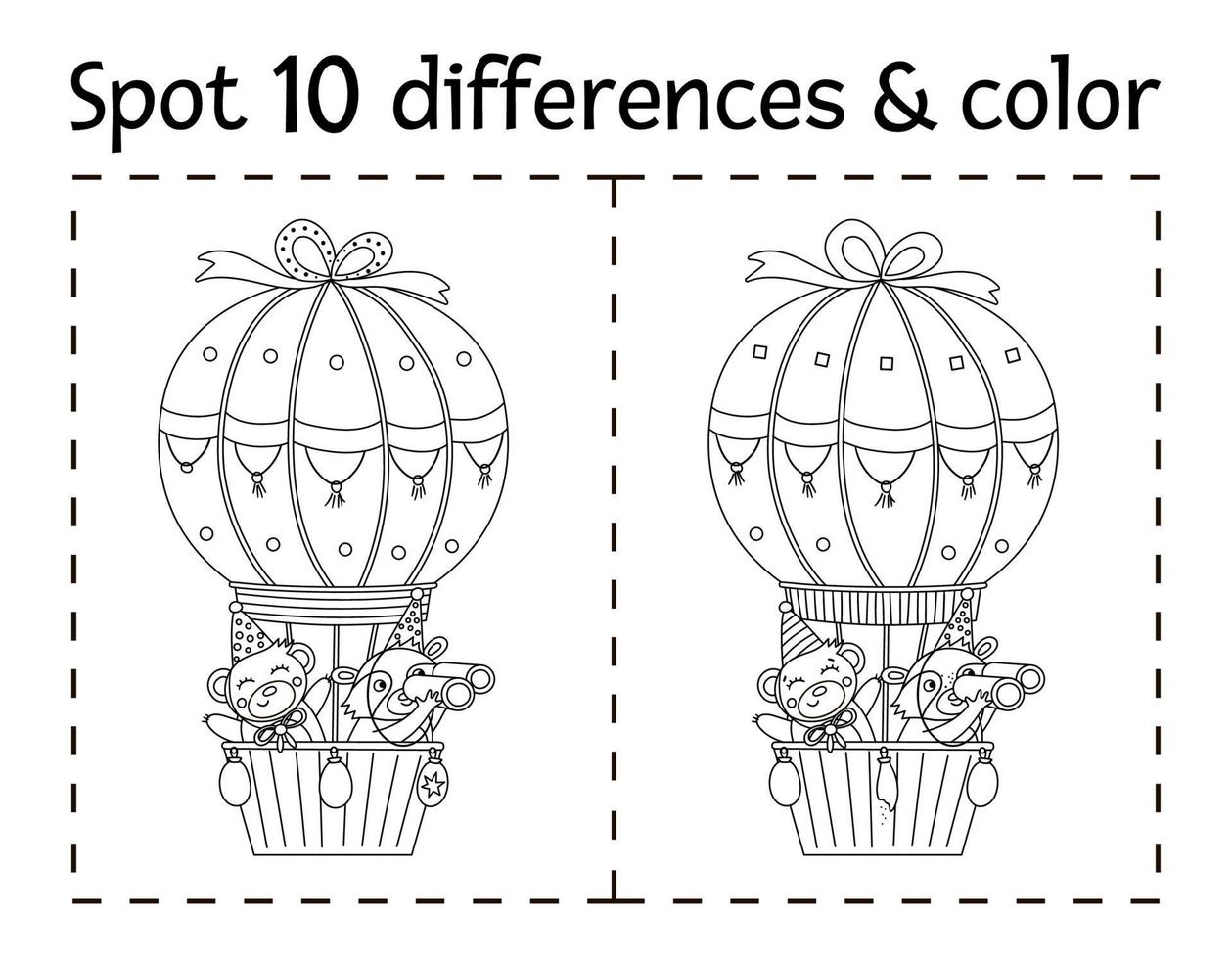Birthday party find differences and color game for children. Anniversary black and white educational activity with funny flying hot air balloon. Printable worksheet with smiling character. vector
