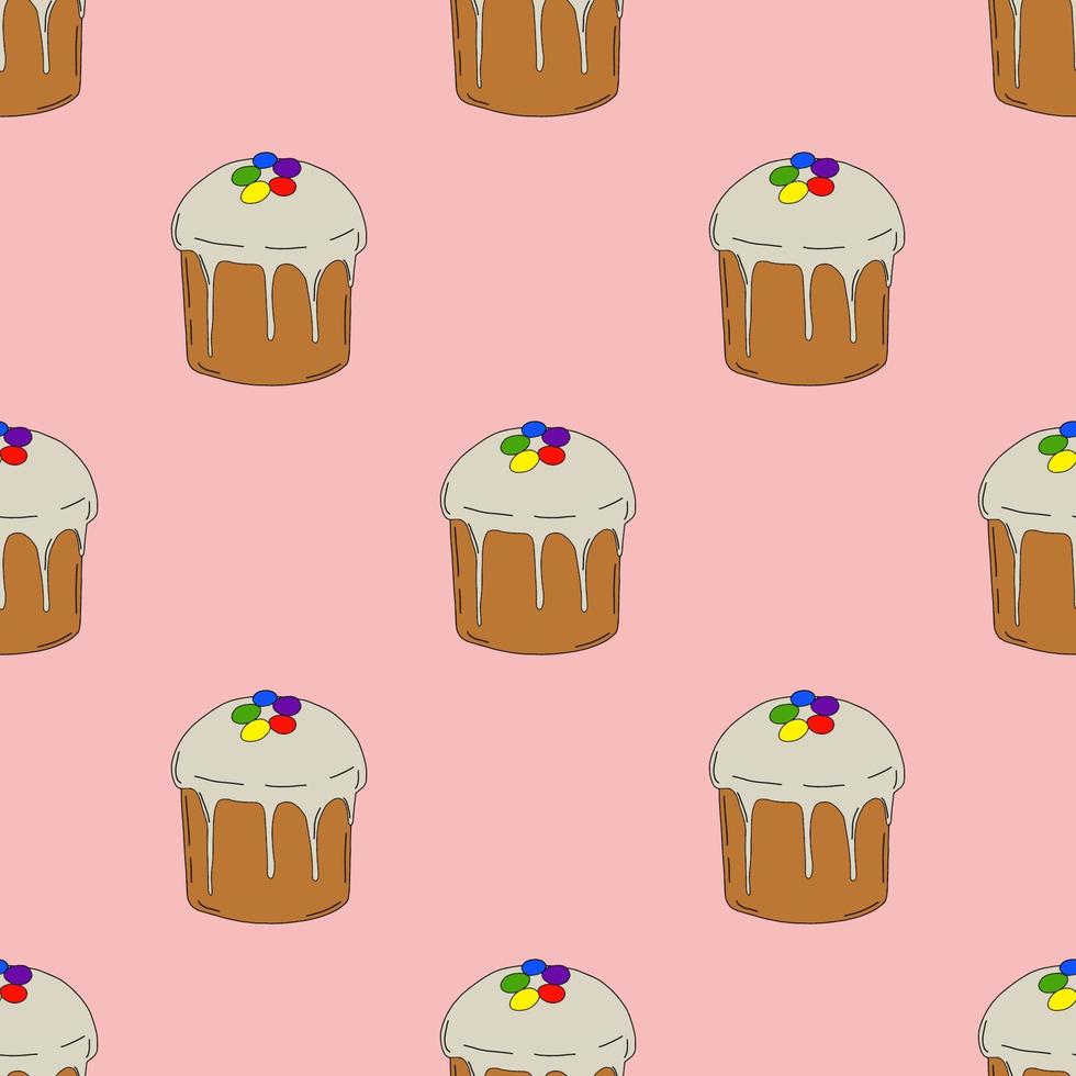 Easter cupcake seamless pattern isolated on pink background. Hand drawn line drawing. Doodles.Around the Easter cake with eggs.For textiles, postcards, and textiles. Vector
