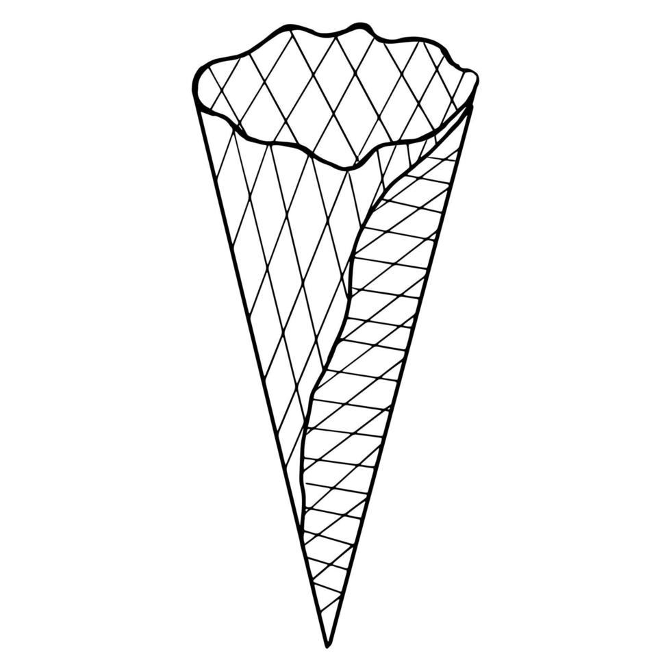 Waffle cone. Hand drawing line. Doodles outline. Waffle tube for ice cream. Black and white image. Confectionery. Children s sweets.Isolated on white Vector