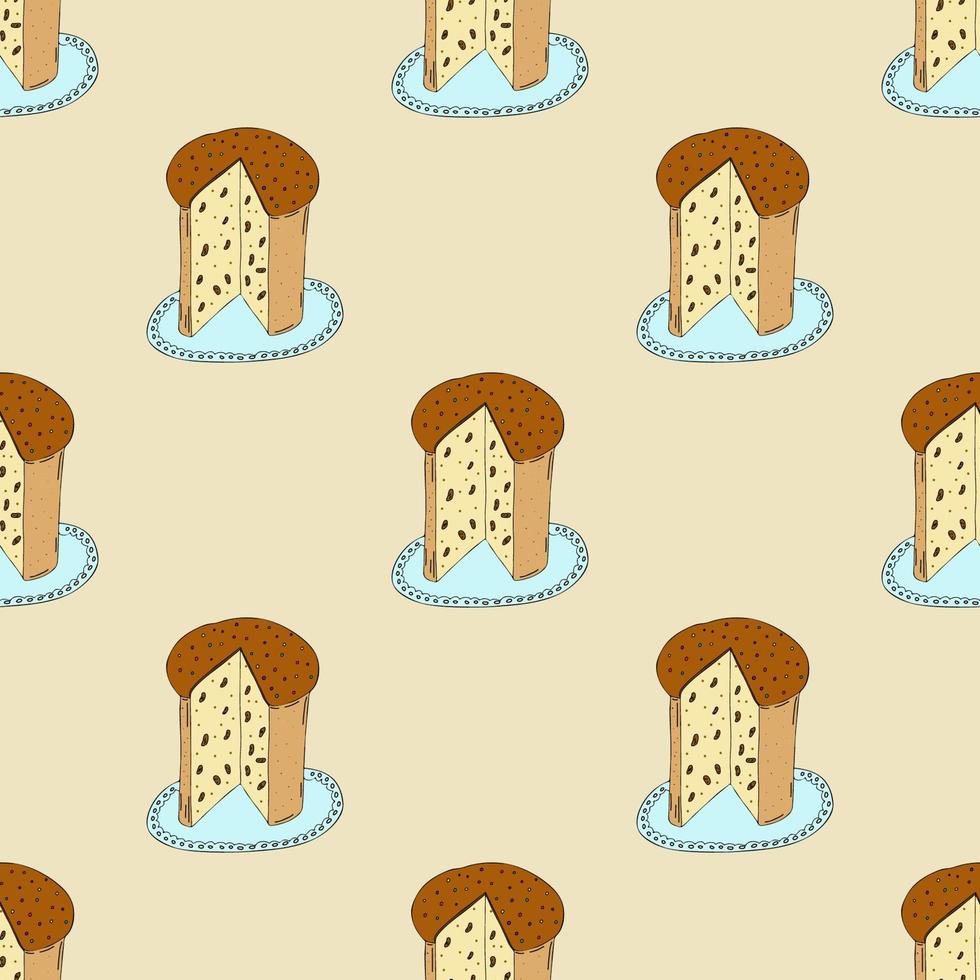 Easter cake seamless pattern with raisins on a napkin on a yellow background.Hand drawing.Cake with a cut piece.Spring holiday of Easter.Vector vector