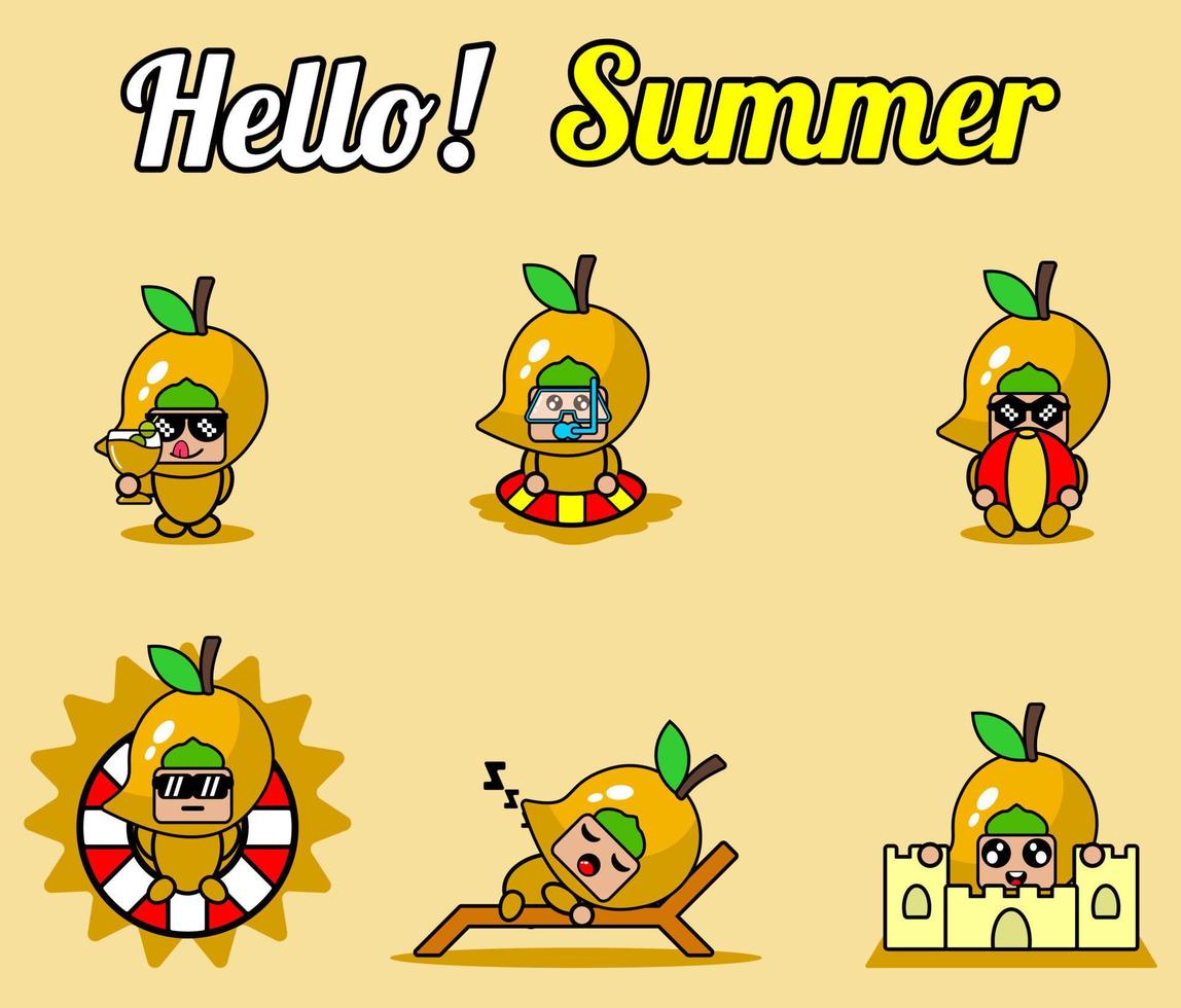 vector cute cartoon character mango fruit mascot costume set collection hello summer bundle