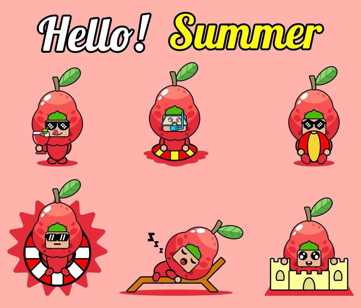 vector cute cartoon character water guava fruit mascot costume set collection hello summer bundle