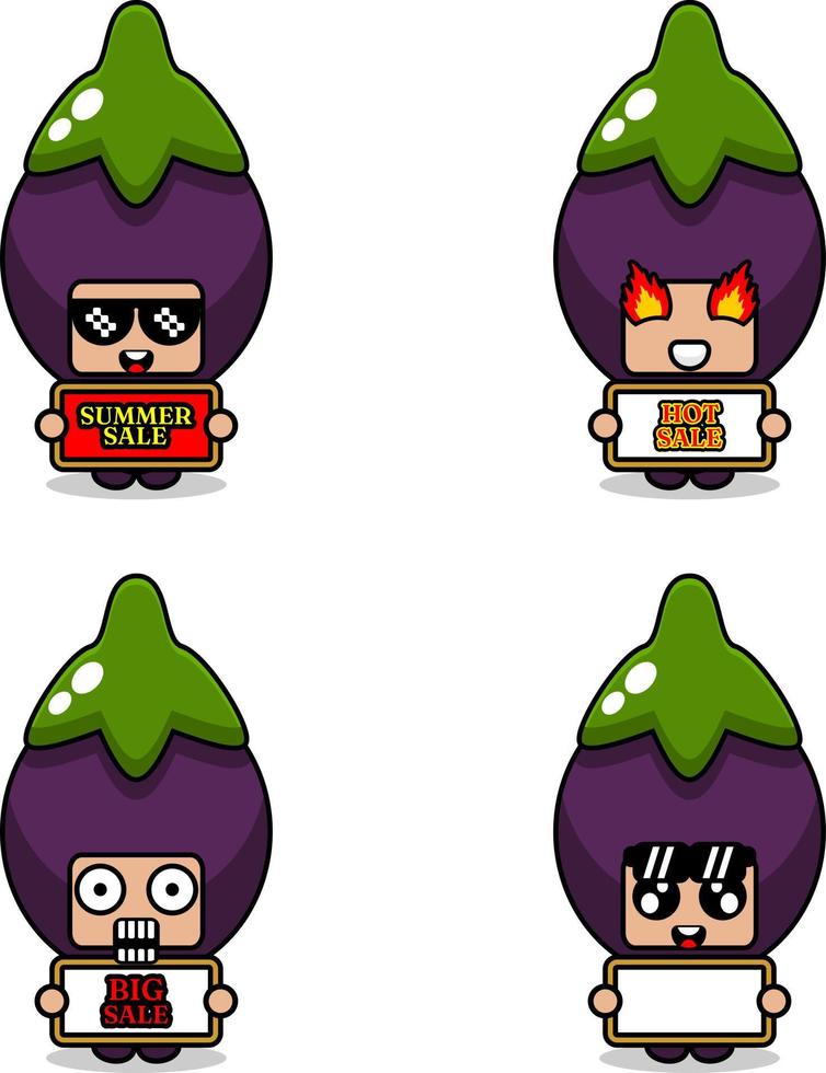 cute cartoon character vector eggplant vegetable mascot costume set summer sale bundle collection