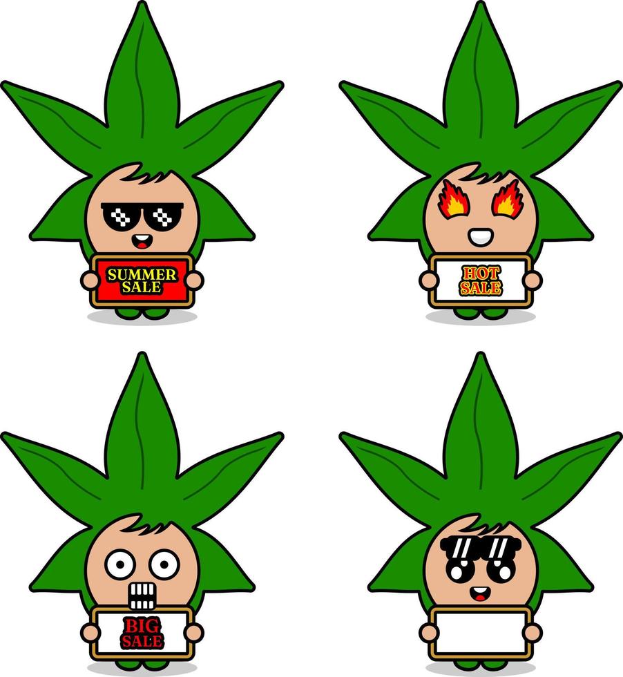 lindo personaje de dibujos animados vector hoja de cannabis traje de mascota conjunto colección de paquetes de venta de verano