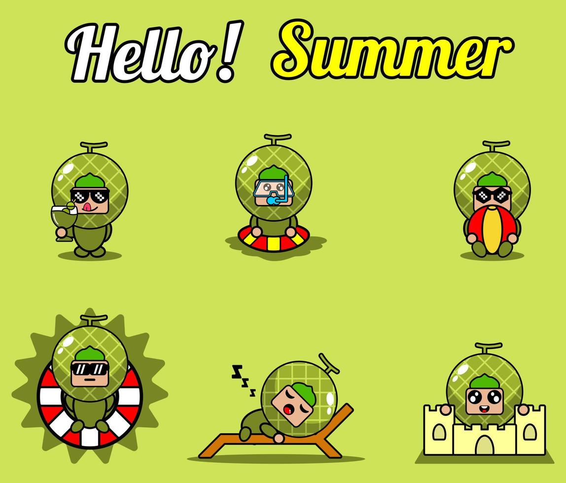 vector lindo personaje de dibujos animados melón fruta mascota traje conjunto colección hola paquete de verano