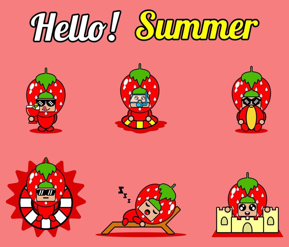 vector cute cartoon character strawberry fruit mascot costume set collection hello summer bundle