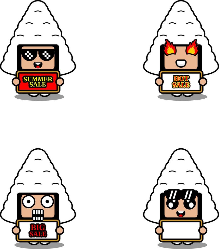 vector lindo personaje de dibujos animados traje de mascota onigiri conjunto de alimentos colección de paquetes de venta de verano