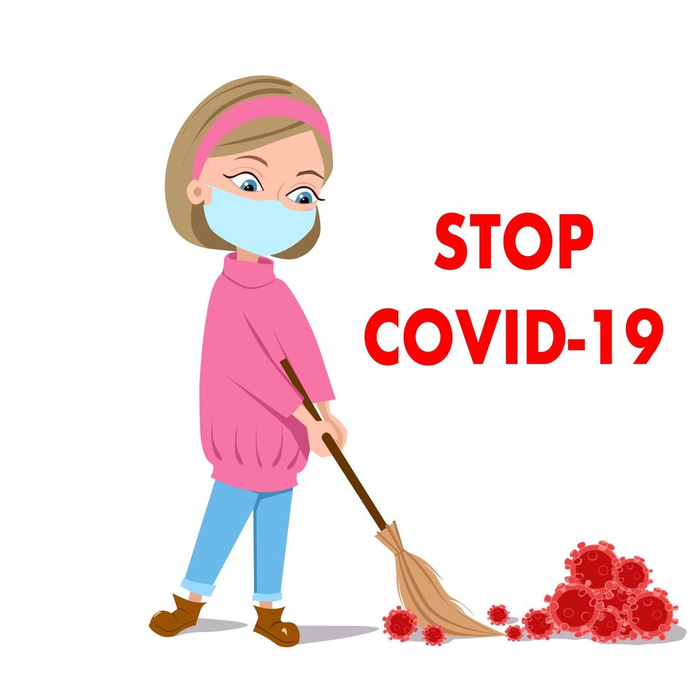 The girl removes the virus with a broom in a medical mask. A blonde in a pink sweater. Stop kovid-19. Vector illustration on an isolated white background. Stock image.