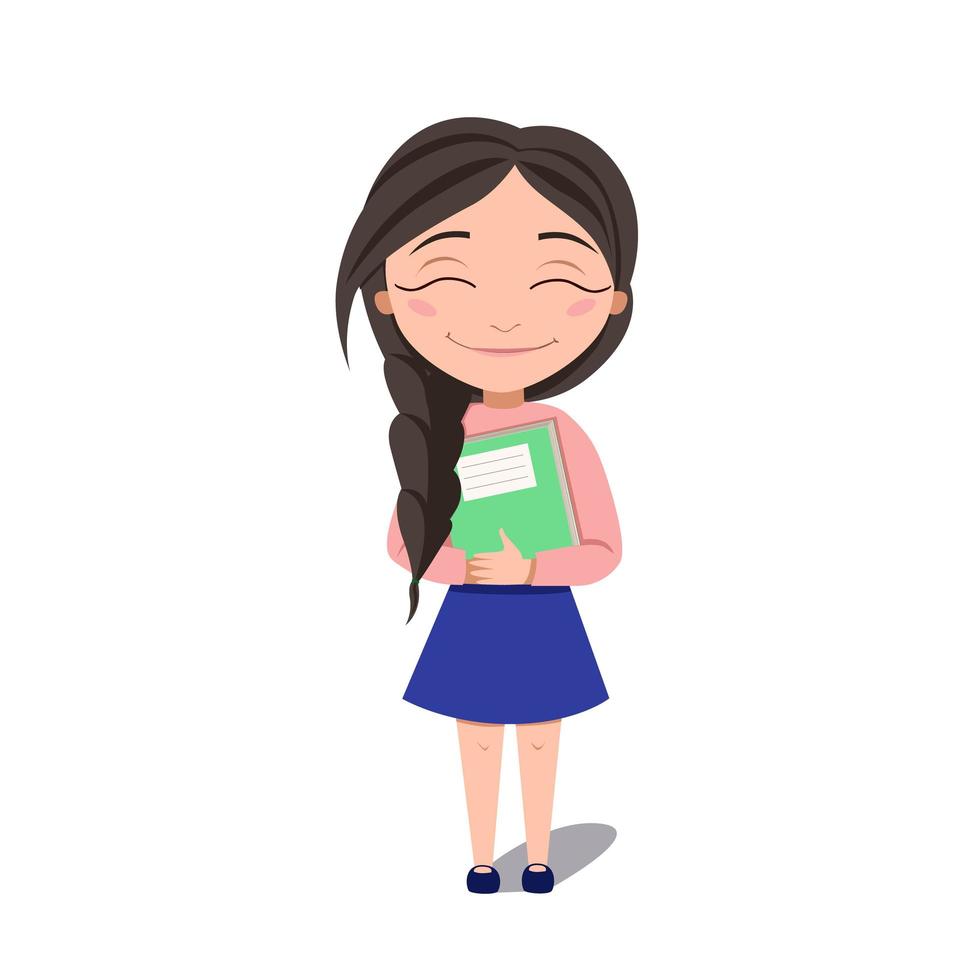 A schoolgirl hugs a book. The dark-haired Girl smiles. Vector illustration on a white isolated background. Stock image.