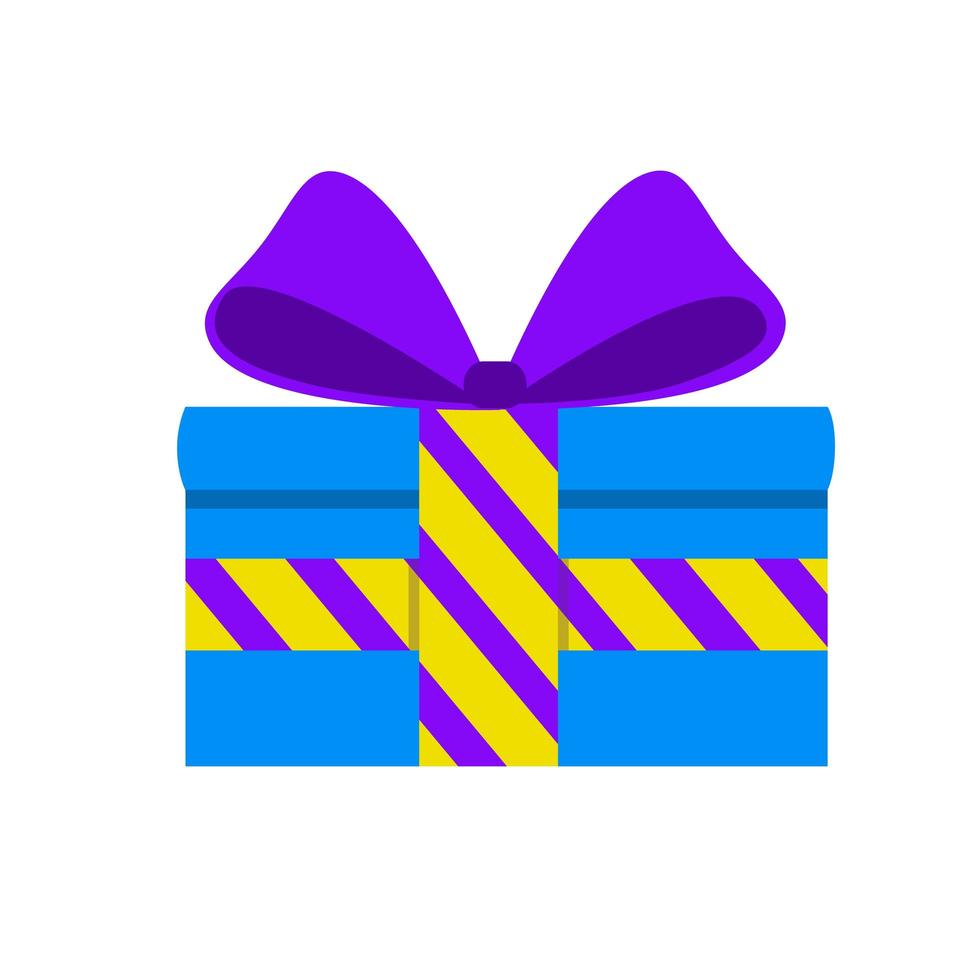 Gift in a blue box with a purple striped ribbon. Surprise with a beautiful bow. Flat style. For a logo, banner, or postcard. vector